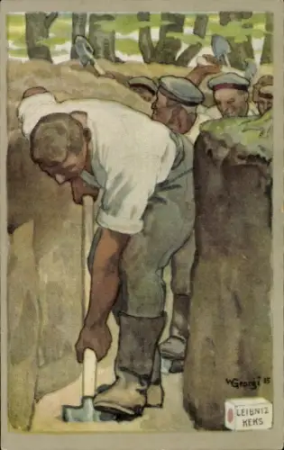 Künstler Ak Georgi, W., Deutsche Soldaten heben Schützengraben aus, Reklame Leibniz Keks