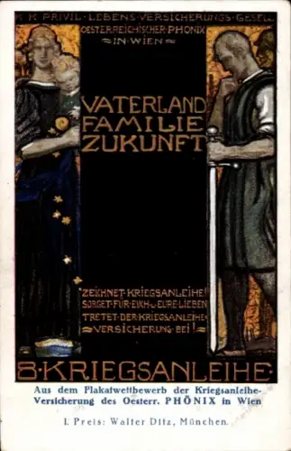 Ak Vaterland Familie Zukunft, Kriegsanleihe, Kriegshilfe, Kriegsanleihe-Versicherung Phönix