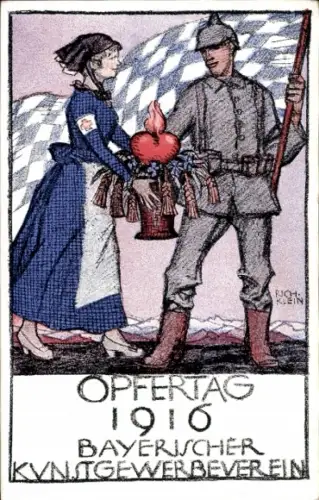 Künstler Ak Klein, Richard, Opfertag 1916, Bayerischer Kunstgewerbeverein, Rotes Kreuz