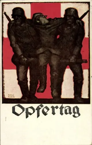 Künstler Ak Klein, Rich., Opfertag 1917, Bayer. Landeskomitee vom Roten Kreuz, verwundeter Soldat