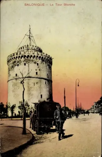 Ak Salonique Saloniki Thessaloniki Griechenland, La Tour Blanche, umgeben von Bäumen und Straßen,