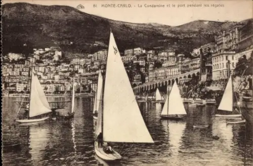 Ak Monte Carlo Monaco, Hafen von  Segelboote, Stadtansicht, Regatten