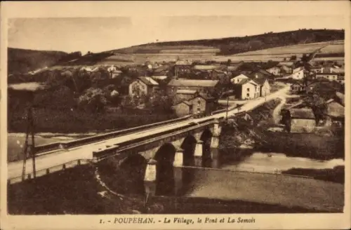 Ak Poupehan Bouillon Wallonien Luxemburg, POUPEHAN, Dorfansicht, Brücke, Fluss Semois