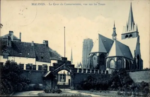 Ak Mechelen Mecheln Malines Flandern Antwerpen,  La Cour du Conservatoire, Kirche, Türme