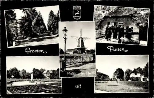 Ak Putten Gelderland, Verschiedene Landschaftsaufnahmen, Windmühle, Monument,  Gruß aus Putten