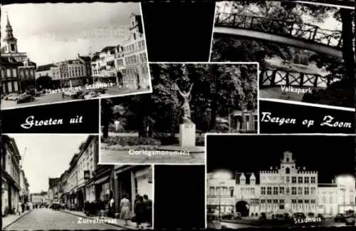 Ak Bergen op Zoom Nordbrabant Niederlande, Stadhuis, Oorlogsmonument, Valkspark, Zuivelstraat, Be