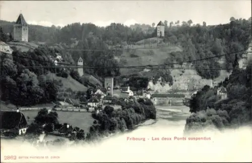 Ak Fribourg Freiburg Stadt Schweiz, Les deux Ponts suspendus