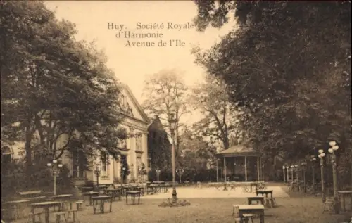 Ak Huy Wallonien Lüttich, Société Royale d'Harmonie, Avenue de l'Ile, Garten mit Tischen und Pavi