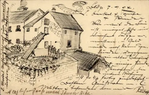 Handgemalt Ganzsachen Ak Bludenz Vorarlberg, Zeichnung eines Hauses, Garten, Rudolf