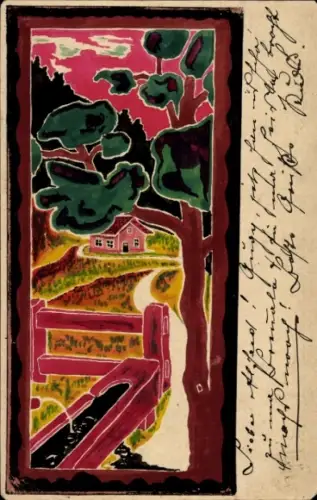 Handgemalt Ganzsachen Ak Bludenz Vorarlberg Österreich, expressionistische Landschaft, Brunnen