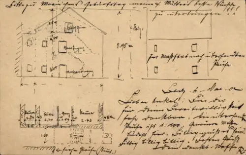 Handgemalt Ak Blunzendorf Znaim, Bludenz, Querschnit eines Hauses, Grundriss
