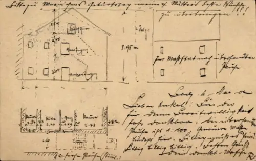 Handgemalt Ak Blunzendorf Znaim, Bludenz, Querschnit eines Hauses, Grundriss