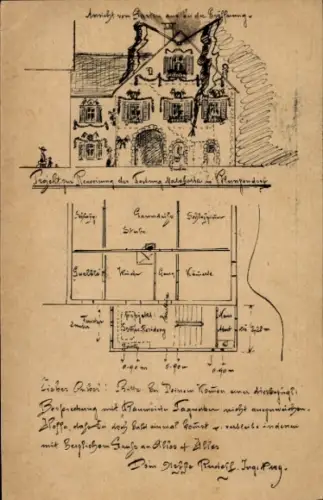 Handgemalt Ganzsachen Ak Bludenz Vorarlberg, Querschnitt eines Hauses zur Eröffnung, Rudolf