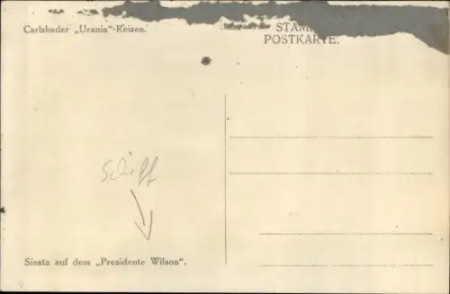 Ak Passagierschiff Presidente Wilson, President Line, Carlsbader Urania Reisen, Passagiere an Deck