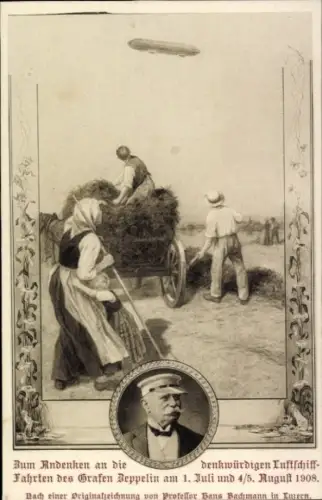 Ak Landwirtschaft, Bauern, Heuernte, Zeppelin, Luftschiff
