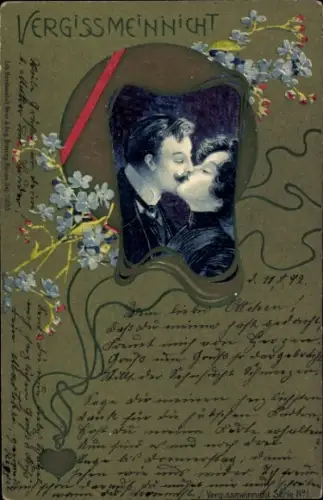 Jugendstil Präge Passepartout Litho Vergissmeinnicht, Kuss, Liebespaar