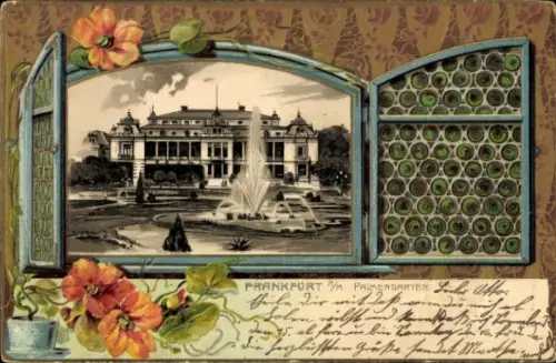 Passepartout Litho Frankfurt am Main, Palmengarten, Fenster, Blumen