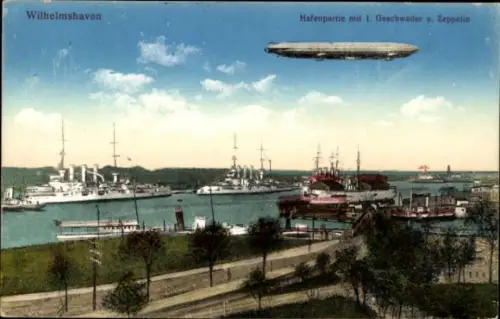 Ak Wilhelmshaven an der Nordsee, Hafen, 1. Geschwader, Zeppelin