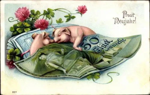 Präge Ak Glückwunsch Neujahr, Glücksschweine, Banknoten, Geldscheine, 50 Reichsmark