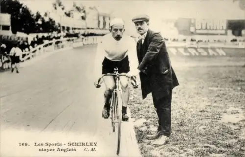 Ak Radrennsport, Radrennfahrer Schirley, englischer Steher, Radrennbahn