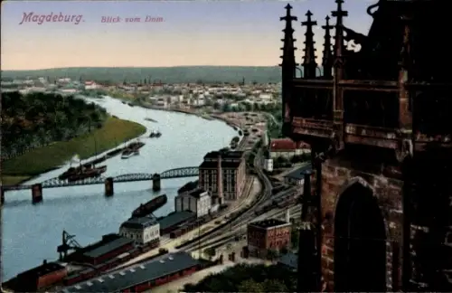Ak Magdeburg an der Elbe, Blick vom Dom, Bahngleise, Brücke