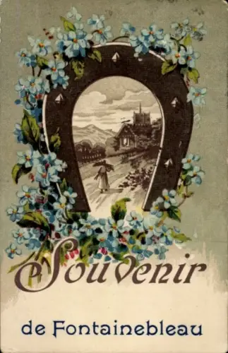 Ak Fontainebleau Seine et Marne, Souvenir, Blumenranken, Landschaft, weibliche Figur,  Kirche