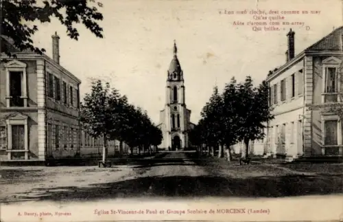 CPA Morcenx Landes, Eglise St Vincent de Paul et Groupe Scolaire