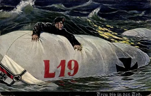 Ak Luftschiff L19 im Wasser, Zeppelin, Kaiserliche Fahne, Mann in Uniform