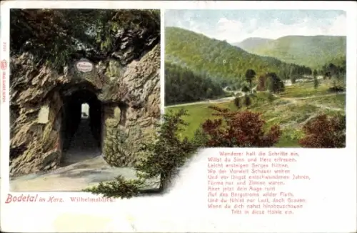 Ak Thale im Harz, Bodetal,  Wilhelmsblick, Höhle, Bergstrom, Naturansicht