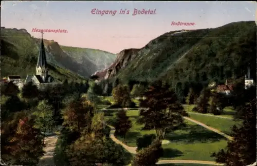 Ak Thale im Harz, Bodetal, Vorderansicht des Bodetals,Hexentansplatz,Roßtrappe,Kirche