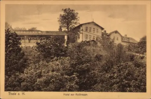 Ak Thale im Harz, Hotel zur Roßtrappe, Aussicht auf das Haus, Bäume im Vordergrund