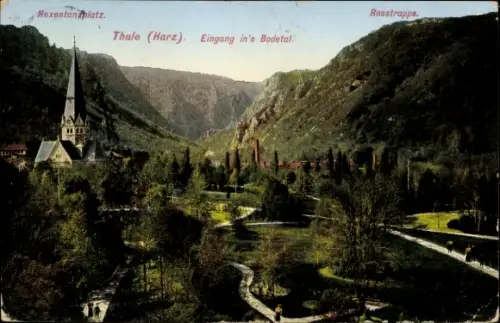 Ak Thale im Harz, Hexentanzplatz,  Eingang ins Bodetal, Rosstrappe