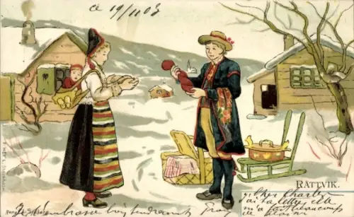 Litho Rättvik Schweden, Paar in schwedischen Trachten, Schlitten, Häuser, Handel