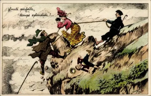 Künstler Ak Frau und Männer beim Bergsteigen, Felsen