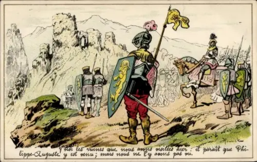 Künstler Ak Henriot, Ritter, Rüstungen, Reiter, Burgruine