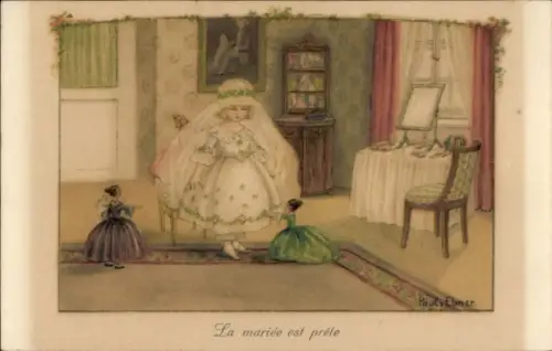 Künstler Ak Ebner, P., Mädchen in weißem Kleid, Braut, Puppen