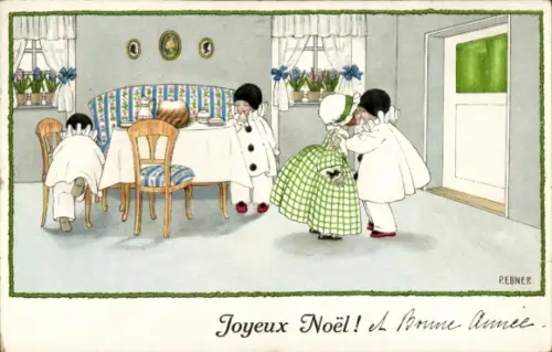 Künstler Ak Ebner, Pauli, Glückwunsch Neujahr, Kuchengedeck, Kuss