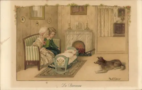 Künstler Ak Ebner, P., Kinder als Eltern, Baby, Hund