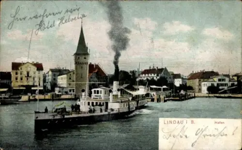 Ak Lindau am Bodensee Schwaben, Hafen, Dampfer legt ab, Stadt, Turm