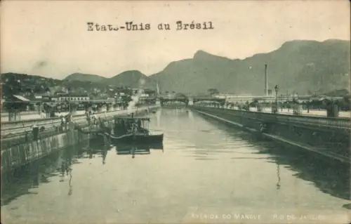Ak Rio de Janeiro Brasilien, Avenida do Mangue, Flussansicht, Schiffe, Berge im Hintergrund
