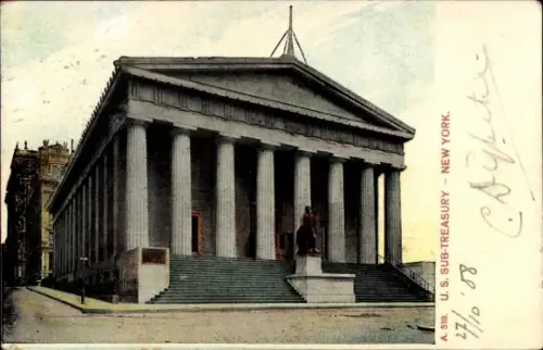 Ak New York City USA, U.S. Sub-Treasury, Säulen, Treppe, Statue, 