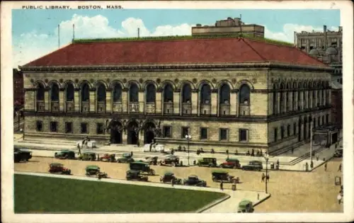Ak Boston Massachusetts USA, Öffentliche Bibliothek,  Mass., Copley Square,  Architektur, Autos