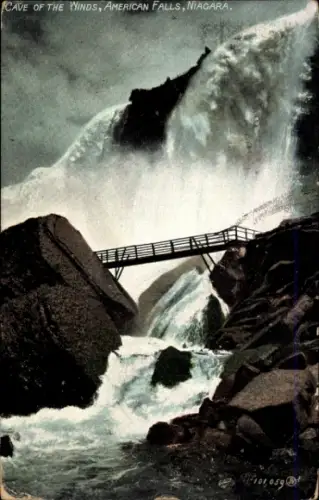 Ak Niagara Falls New York USA, Cave of the Winds, American Falls, Niagara, Wasserfälle, Brücke