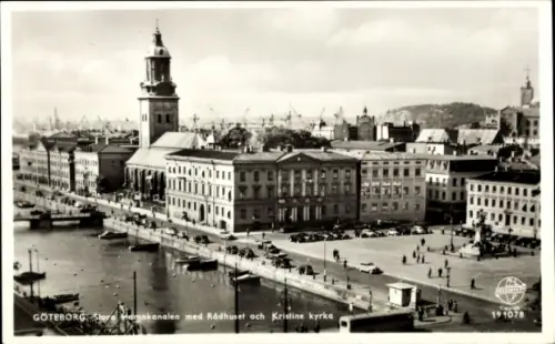 Ak Göteborg Schweden,  Sloankanalen, Rådhuset, Kristine kyrka,  Architektur