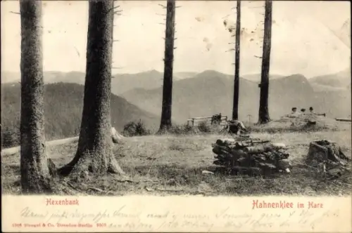 Ak Hahnenklee Bockswiese Goslar im Harz, Hexenbank, Waldlandschaft, Berge,  von 1909