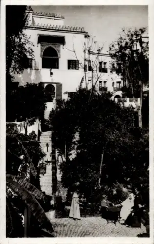 Ak Fes el Bali Fez Marokko, Gärten, Hotel Palais Jamai, Menschen, Bäume, Treppen