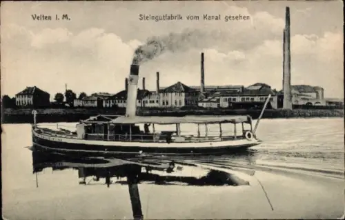 Ak Velten in der Mark, Dampfschiff auf dem Wasser, Steingutfabrik vom Kanal gesehen