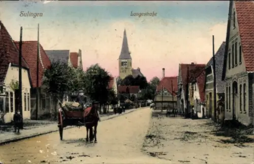 Ak Sulingen in Niedersachsen, Langestraße, Kirchturm, Pferdefuhrwerk