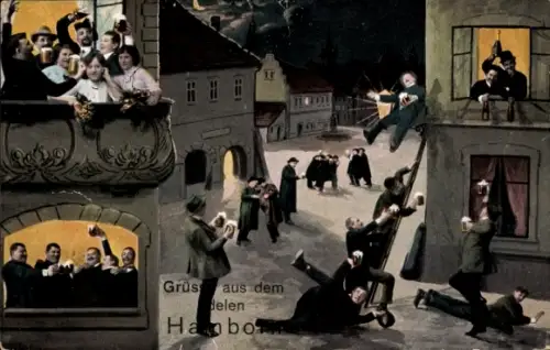 Ak Hamborn Duisburg im Ruhrgebiet, Straßenszene bei Nacht, Biertrinker