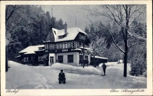Ak Oberhof im Thüringer Wald, Obere Schweizerhütte, Skifahrer, Schlitten